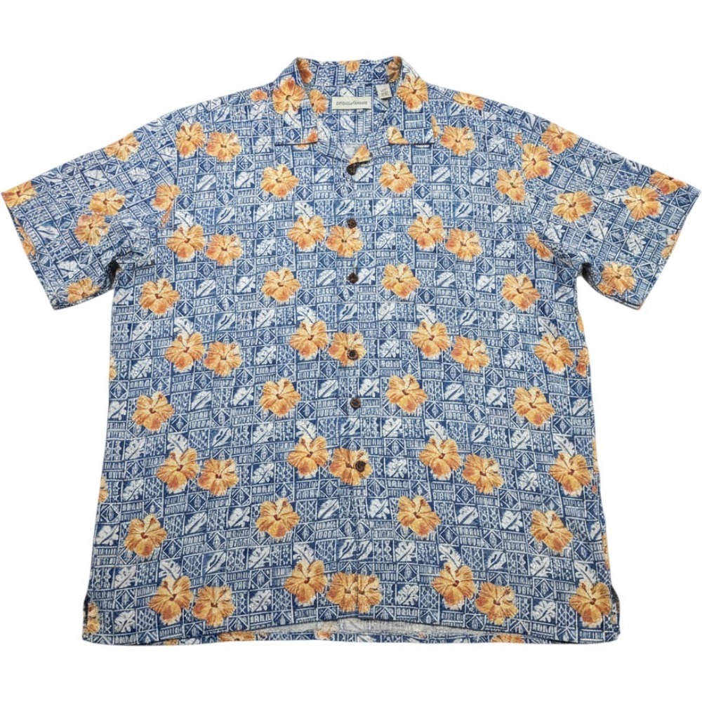 Caribbean Men XL Blue Hibiscus‎ Floral Linen Cotton Short Sleeve Button Up Shirt